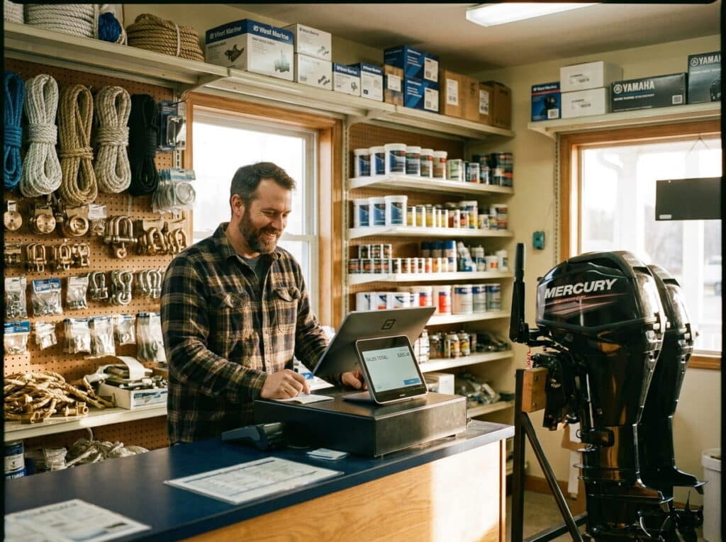 A smiling store owner in a plaid shirt uses a tablet POS at a checkout counter in a marine supply shop, with a pegboard wall of coiled rope and boating hardware to the left, shelves of marine paints and supplies behind, and an outboard boat motor displayed to the right.