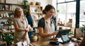 New retail cashier confidently ringing up a sale on a tablet POS during her first shift while an experienced coworker looks on