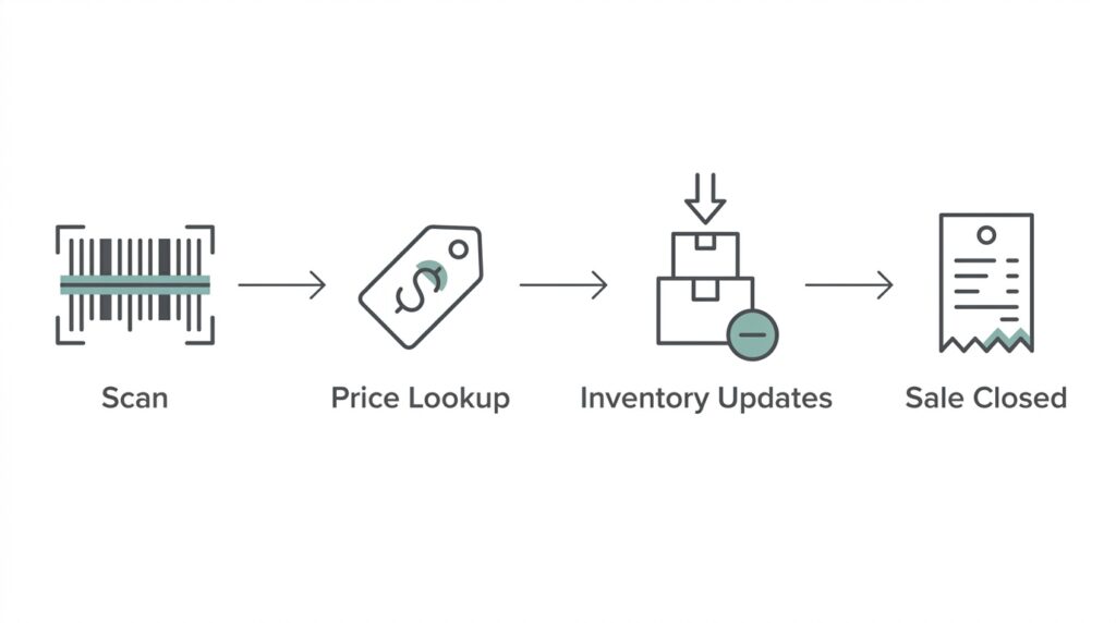 A four-step process flow diagram with line icons connected by arrows: a barcode labeled 'Scan,' a price tag labeled 'Price Lookup,' stacked boxes with a minus sign labeled 'Inventory Updates,' and a receipt labeled 'Sale Closed,' illustrating a POS checkout sequence.
