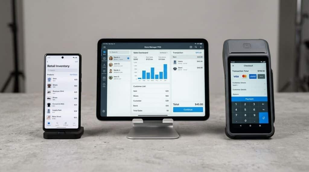 Phone, tablet, and dedicated POS terminal compared side by side
