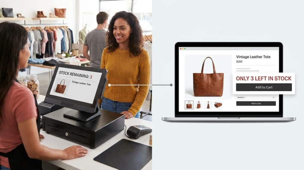A split image showing synced inventory. On the left, a customer and smiling clerk stand at a boutique checkout where a POS screen reads 'Stock Remaining: 3' for a Vintage Leather Tote. On the right, a laptop shows the same tote's online product page priced at $200 with an 'Only 3 Left in Stock' label and an 'Add to Cart' button.