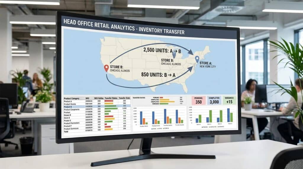 A curved desktop monitor in an open office displays a 'Head Office Retail Analytics – Inventory Transfer' dashboard, featuring a US map with arrows showing 2,500 units moving from Chicago to New York and 850 units back, alongside product tables and bar charts of pending, completed, and variance transfer stats.