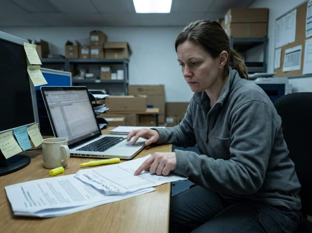 A focused retail worker in a gray fleece sits at a cluttered back-office desk cross-checking a handwritten stock count sheet against a spreadsheet on a laptop. A coffee mug, highlighter, sticky notes, and stacked cardboard boxes on shelving fill the dimly lit stockroom around her.