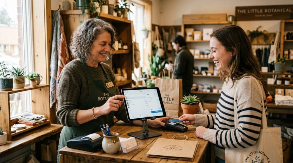 A smiling shop owner in an apron gestures to a tablet POS showing an order screen while a laughing customer holds out a credit card to a card reader at a wooden counter in a plant and gift store. Kraft shopping bags, a succulent, and shelves of goods fill the warmly lit shop.