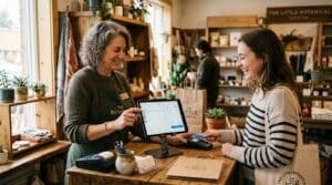 A smiling shop owner in an apron gestures to a tablet POS showing an order screen while a laughing customer holds out a credit card to a card reader at a wooden counter in a plant and gift store. Kraft shopping bags, a succulent, and shelves of goods fill the warmly lit shop.