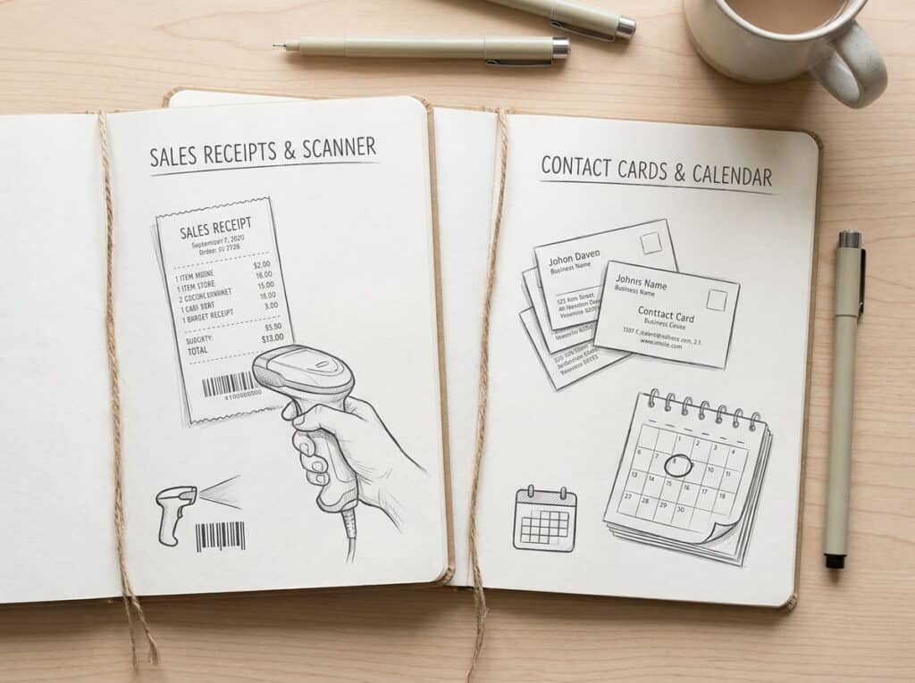 Two open sketchbooks on a wooden desk show hand-drawn illustrations of POS features. The left page, titled 'Sales Receipts & Scanner,' depicts a hand holding a barcode scanner over a receipt; the right page, titled 'Contact Cards & Calendar,' shows business cards and a desk calendar. Pens and a coffee mug sit nearby.