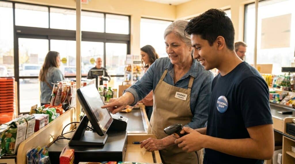 Experienced staff training a new seasonal employee on the POS