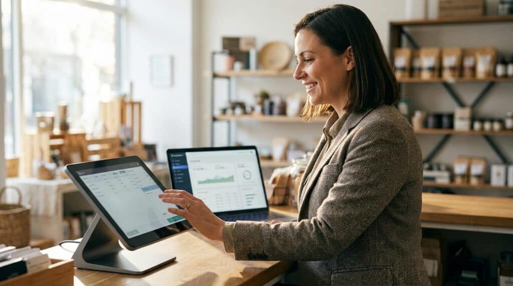 A smiling store owner in a tweed blazer taps a tablet POS terminal at a wooden counter, with an open laptop showing an analytics dashboard beside it. Rustic shelves stocked with packaged goods fill the softly lit shop in the background.
