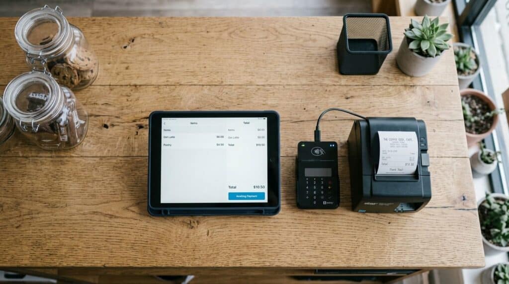 Tablet, card reader, and receipt printer setup for a mobile POS