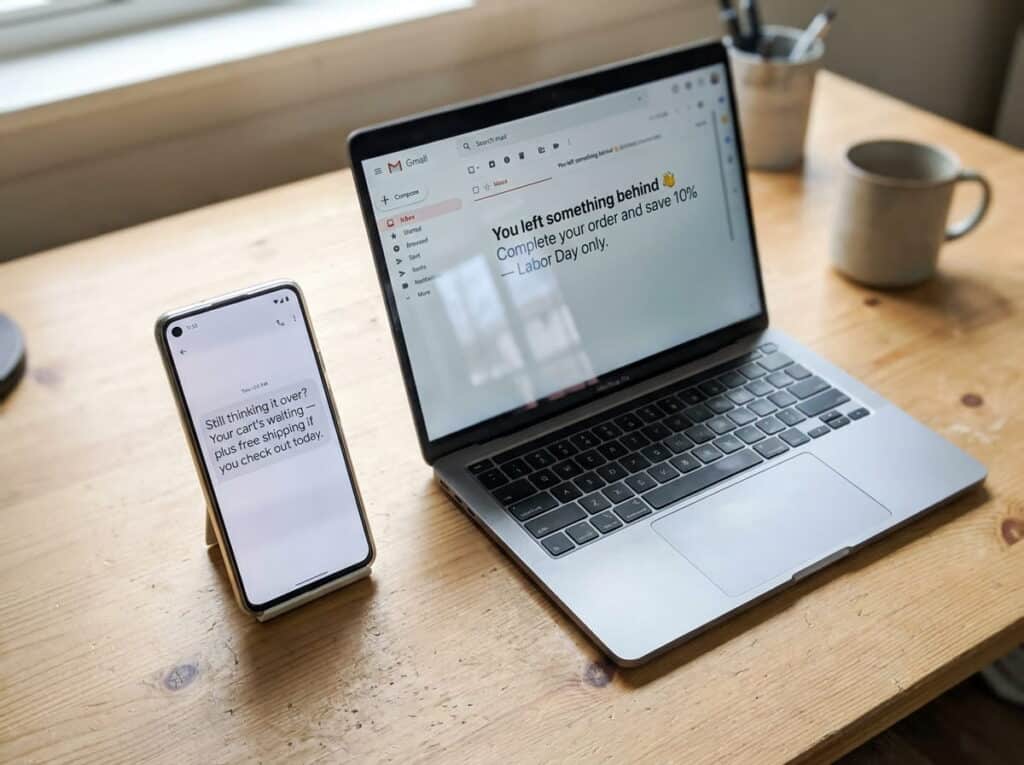A smartphone and open laptop on a wooden desk display abandoned-cart marketing messages. The phone shows a text reading 'Still thinking it over? Your cart's waiting, plus free shipping if you check out today,' while the laptop email reads 'You left something behind, complete your order and save 10%.' A mug and pen cup sit nearby.