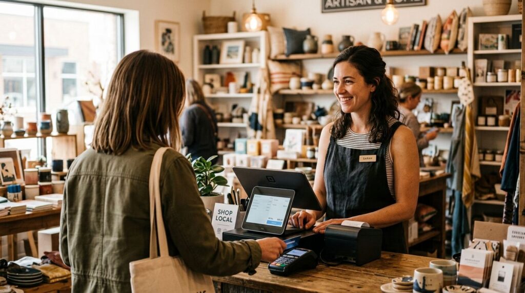 Independent retailer using a POS terminal to check out a customer