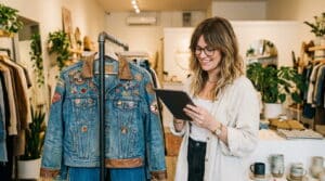 A boutique employee checking a tablet POS for a unique jacket on the rack.