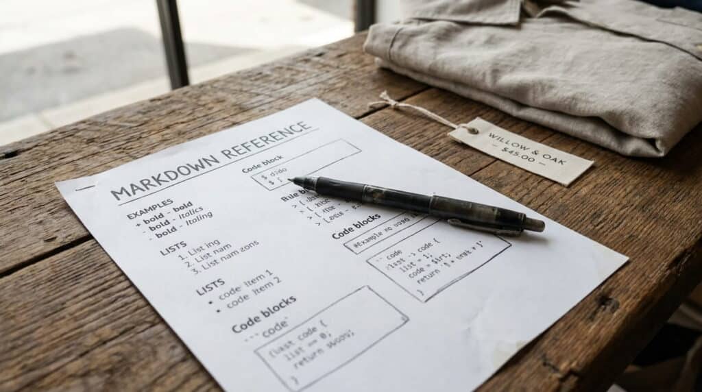 A staged markdown reference sheet on a boutique counter.