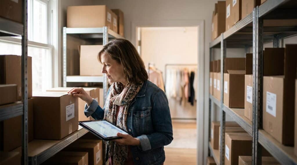 Boutique owner checking stockroom inventory on a tablet