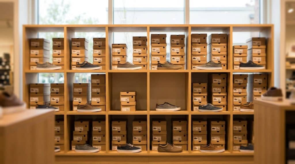 Shoe display shelf showing full stock in most sizes and sparse stock in a couple of size slots