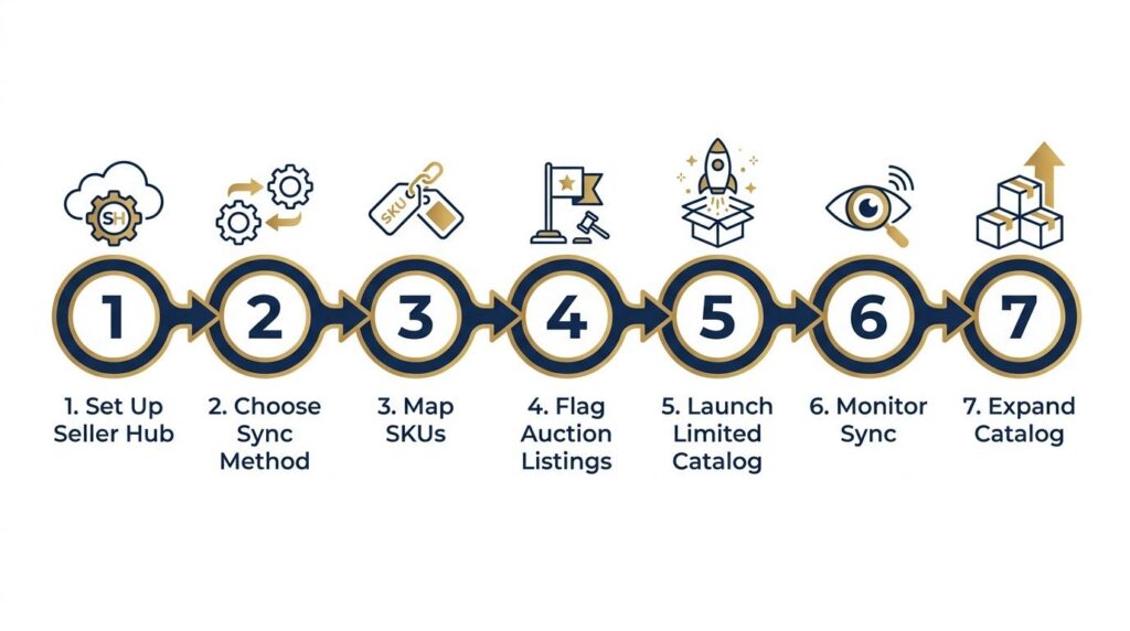 Step by step flow diagram for connecting a POS to eBay Seller Hub