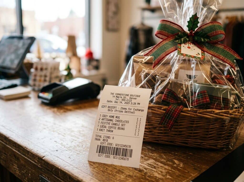 Gift receipt with hidden price next to a bundled gift basket at checkout