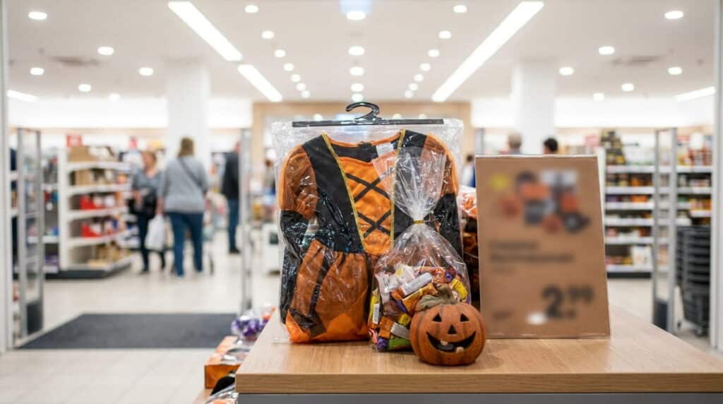 Bundled Halloween display featuring a costume, candy, and a decoration item together