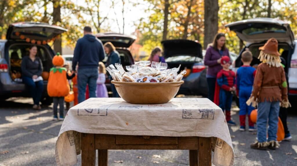 Local business table at a community trunk-or-treat or fall festival event