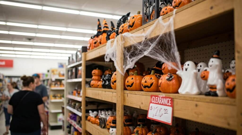 Halloween decor shelf with clearance discount signage after the holiday