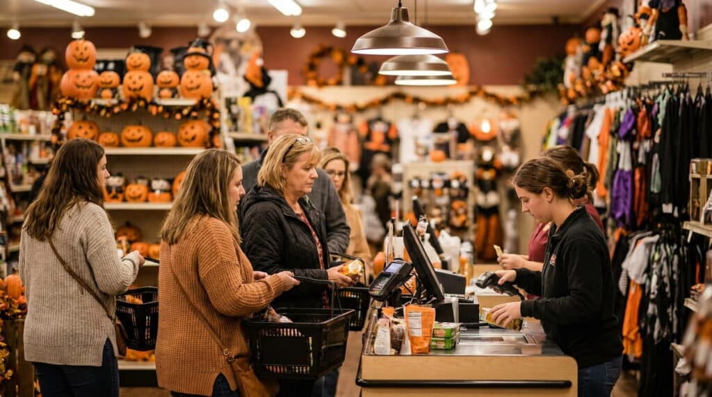 Busy retail checkout during Halloween season with costumes and decor visible on nearby shelves