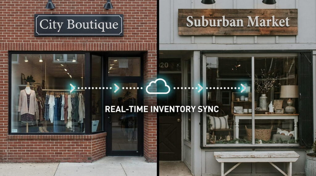 Two retail store locations connected by a network icon, representing real-time inventory visibility across locations.
