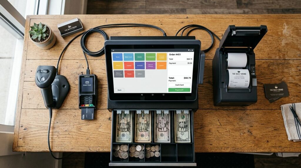 Physical POS hardware components laid out together: terminal, card reader, barcode scanner, receipt printer, and cash drawer