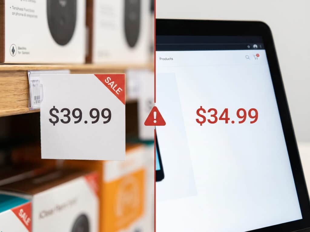 A split image highlighting a pricing discrepancy. On the left, an in-store shelf sale tag reads $39.99; on the right, a laptop product page shows the same item at $34.99. A red warning triangle sits at the center dividing line, flagging the mismatch between store and online prices.