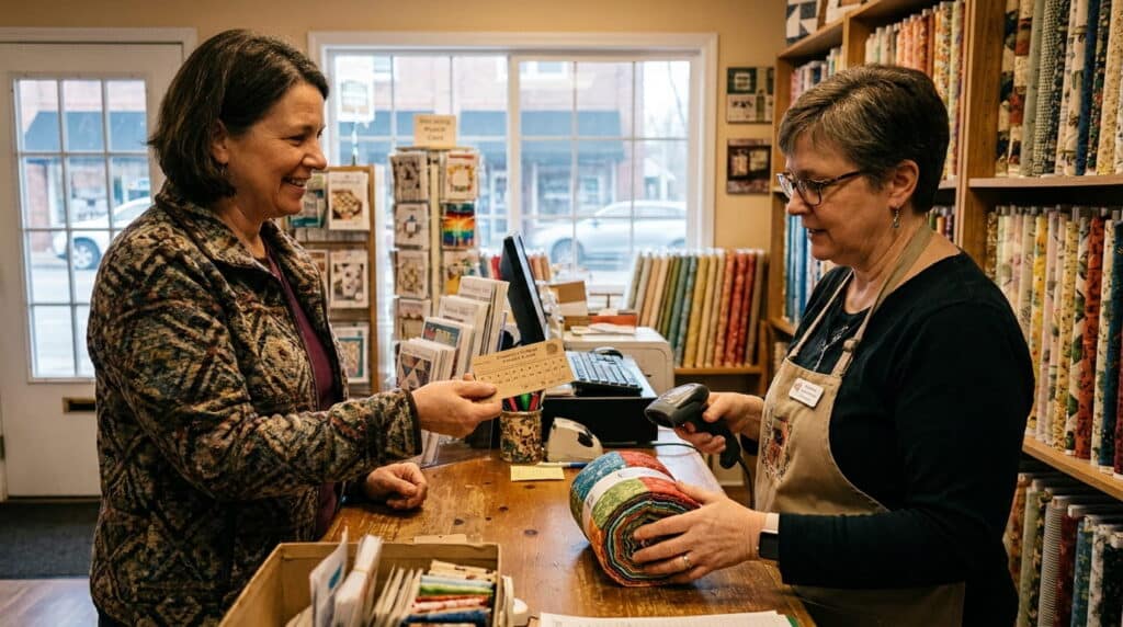 Quilt shop customer using a loyalty punch card at checkout.