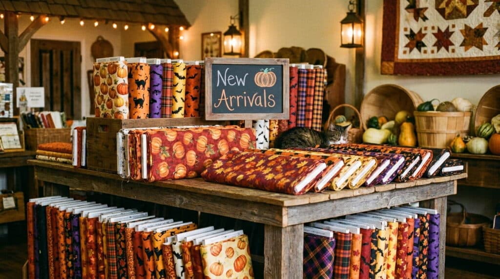 Seasonal fabric collection display in a quilt shop
