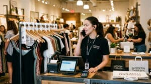 A retail associate on the phone at a checkout counter checking stock while a customer waits near a clothing rack