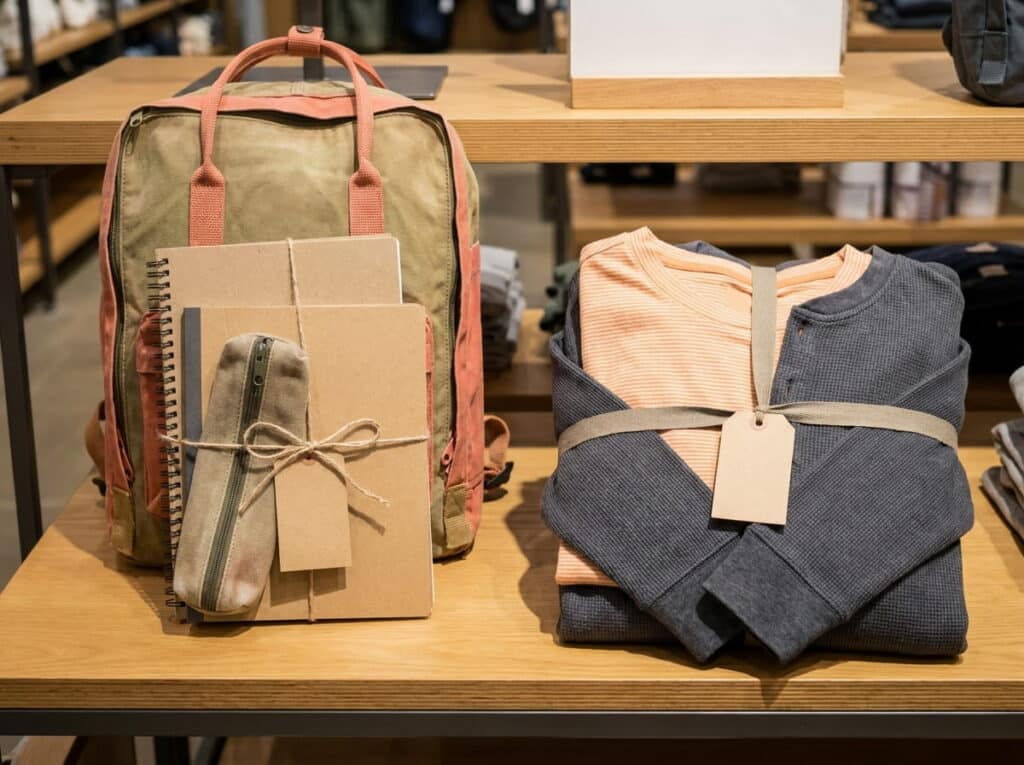 A retail table display featuring a canvas backpack paired with twine-tied kraft notebooks and a pencil case on the left, and a bundle of folded shirts, a striped orange tee and a gray waffle-knit top with a blank kraft hang tag, on the right, against a backdrop of wooden shelving with more folded clothing.