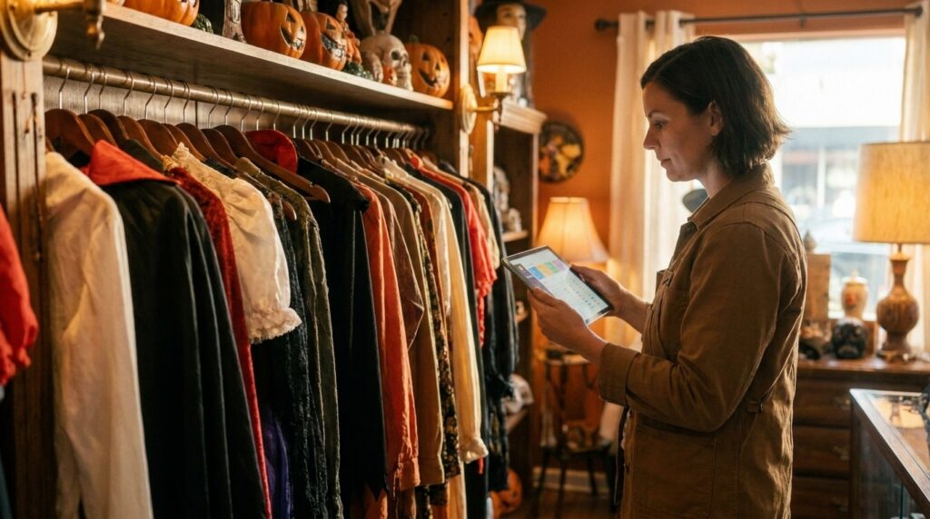 Retail owner checking Halloween inventory on a tablet near a costume and decor display