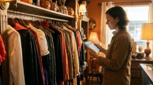 Retail owner checking Halloween inventory on a tablet near a costume and decor display