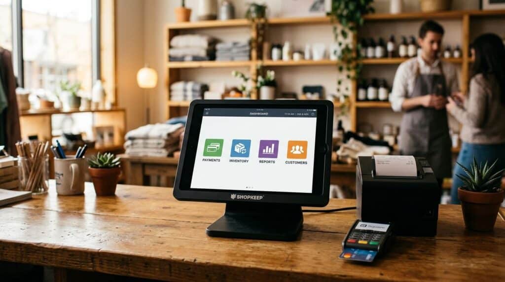 Diagram-style POS terminal showing its four core functions: payments, inventory, reporting, and customer data