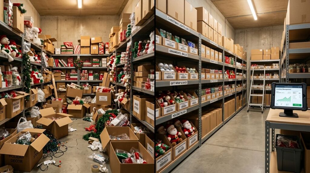 Before and after view of an organized gift shop stockroom using POS inventory tracking.
