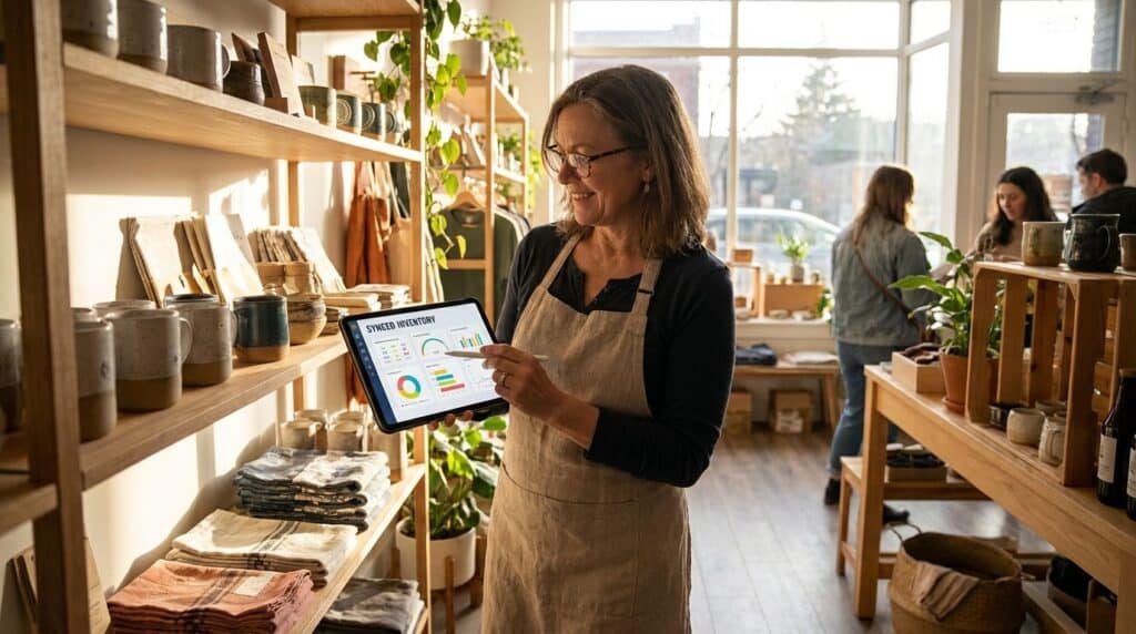 Retailer reviewing a synced inventory dashboard next to physical stock