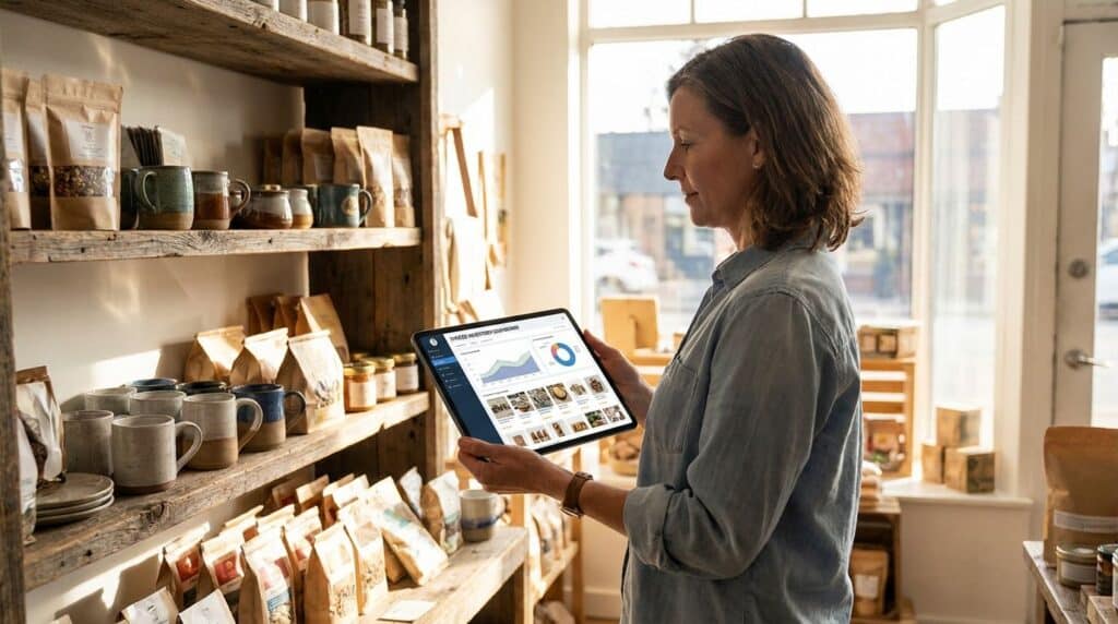 Retailer reviewing a synced inventory dashboard next to physical stock