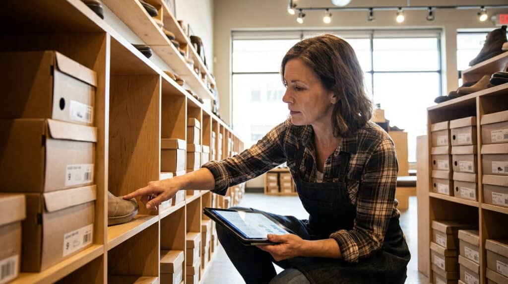 Shoe retailer checking a nearly empty size slot against inventory on a tablet