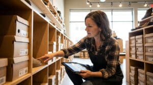 Shoe retailer checking a nearly empty size slot against inventory on a tablet