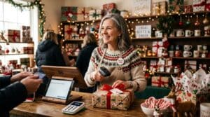 Gift shop owner using a tablet POS to ring up a holiday gift purchase