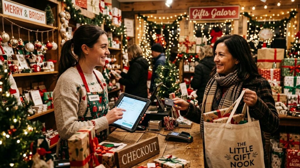 Gift shop staff member using a tablet POS during a busy holiday checkout