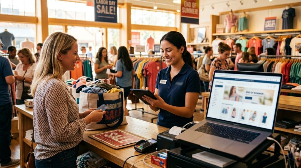 A smiling staff member in a polo holds a tablet at a busy clothing store checkout while a customer with a full tote bag offers a credit card. A laptop, receipt printer, and card reader sit on the counter, with 'Labor Day Sale' and 'End of Summer' banners and shoppers browsing racks in the background.