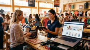 A smiling staff member in a polo holds a tablet at a busy clothing store checkout while a customer with a full tote bag offers a credit card. A laptop, receipt printer, and card reader sit on the counter, with 'Labor Day Sale' and 'End of Summer' banners and shoppers browsing racks in the background.