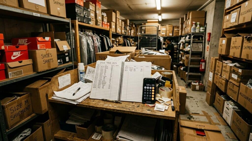 Handwritten inventory ledger and calculator in a cluttered stockroom, representing manual stock tracking