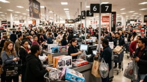 Busy retail checkout line during a Black Friday rush