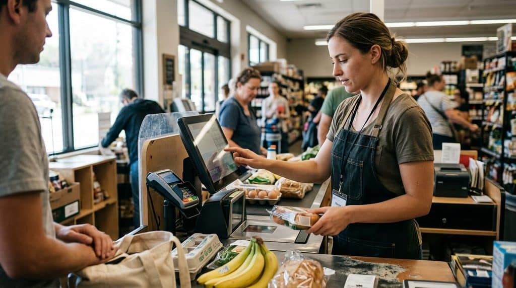 Staff member processing a fast checkout transaction during a busy period