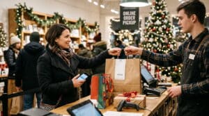 Customer picking up an online order at a retail store counter during the holiday season.