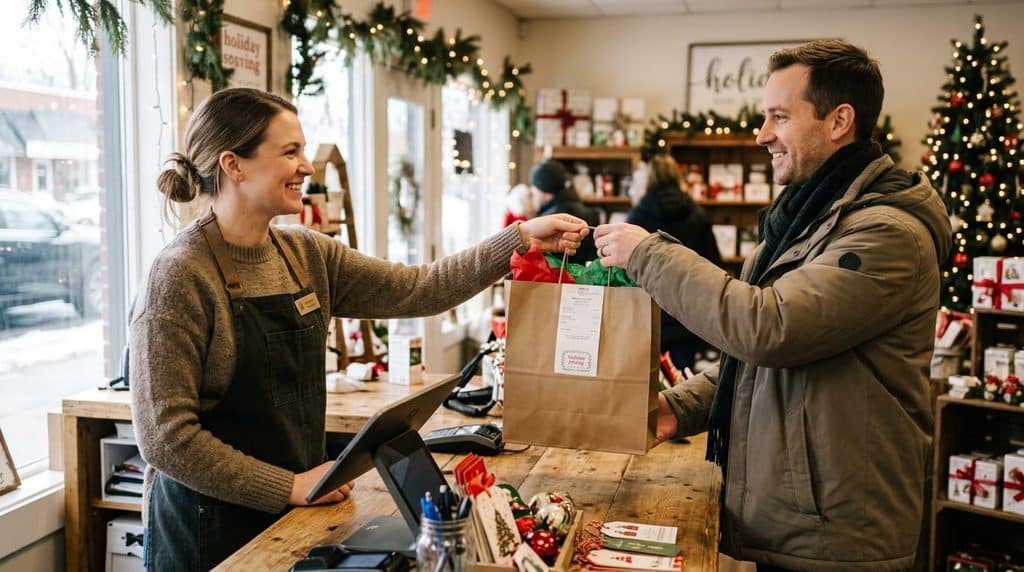 Staff member handing a holiday pickup order to a customer at a retail counter