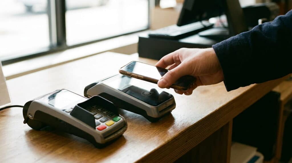 Customer using contactless tap-to-pay alongside a traditional card reader at checkout
